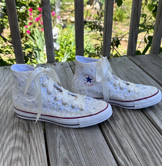 Pearl embellished custom Converse Chuck Taylor high tops tennis