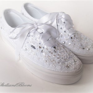 Vans Off The Wall Wedding Sneakers Bridal Tennis Shoes Flats - white or light ivory - eyelet trim - embellished - gems pearls