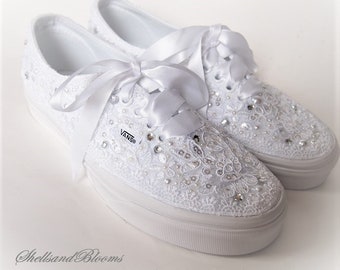 Vans Off The Wall Wedding Sneakers Bridal Tennis Shoes Flats - white or light ivory - eyelet trim - embellished - gems pearls