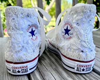 SALE Converse Wedding Sneakers Bridal Tennis Shoes Flats - light ivory - SIZE 8 - High Tops - embellished gems pearls - Womens Chuck Taylors