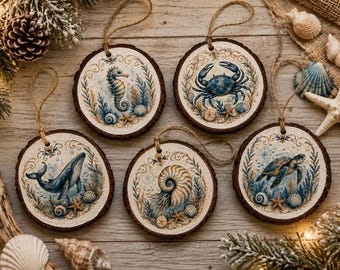 Wood Slice Christmas Ornaments - Set of 5 -  Tree Decor Decorations  - Blue and White Sea Life Ocean designs