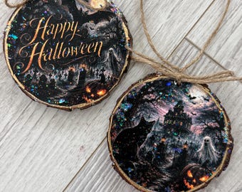 Wood Slice Ornaments  Set of 2 Happy Halloween Spooky Scary Perfect Gifts