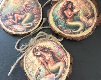 Wood Slice Christmas Ornaments - Set of 3  -  Tree Decor Decorations  - Beautiful Mermaids  Sea Life Ocean designs