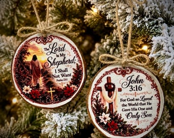 Wood Slice Christmas Ornaments  Set of 2 Religious Christian  Psalm 23:1 John 3 16 Perfect Gifts