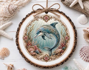 Wood Slice Christmas Ornament -  Tree Decor Decorations  - Victorian Dolphin -  Sea Life Ocean designs