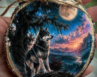 Wood Slice Christmas Ornament -  Tree Decor Decorations  - Wild Wolf Dog  full moon  - animal lover gift