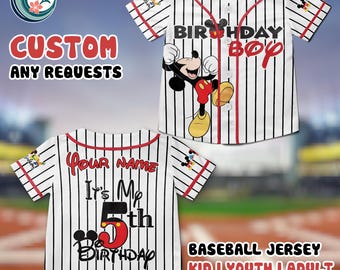 Custom Mickey Mouse number Birthday Baseball Jersey, Personalized Disney Birthday Boy Shirt, Kids Birthday Outfit Custom Name Number Jersey