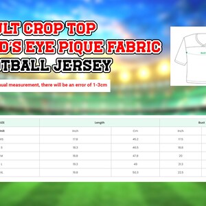 The image is an advertisement for an adult crop top fabric football jersey. It features a graphic of a football jersey and provides measurements for different sizes, including XS, S, M, L, and XL. The ad also mentions that due to manual measurement, there will be an error of 1-3 cm.