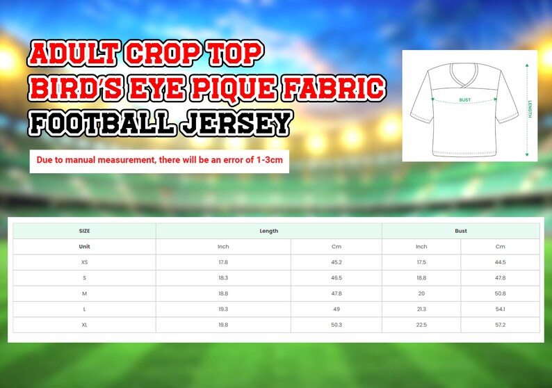 The image is an advertisement for an adult crop top fabric football jersey. It features a graphic of a football jersey and provides measurements for different sizes, including XS, S, M, L, and XL. The ad also mentions that due to manual measurement, there will be an error of 1-3 cm.