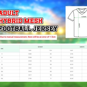 The image is an advertisement for an adult hybrid mesh football jersey. It features a table with measurements for different sizes, including S, M, L, XL, XXL, and KXL. The table provides the size and corresponding measurements for each size, such as 1/2 bust, 1/2 waist, and 1-3/4 length. The image also includes a drawing of a football jersey to provide a visual representation of the size and measurements.