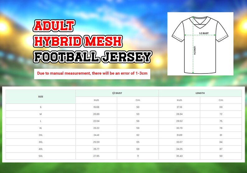 The image is an advertisement for an adult hybrid mesh football jersey. It features a table with measurements for different sizes, including S, M, L, XL, XXL, and KXL. The table provides the size and corresponding measurements for each size, such as 1/2 bust, 1/2 waist, and 1-3/4 length. The image also includes a drawing of a football jersey to provide a visual representation of the size and measurements.