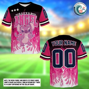 The image is a collage of two images: one showing the front view of a pink and black football jersey with a character design, and the other showing the back view of the same jersey with the name "YOUR NAME" and the number "00" printed on it.