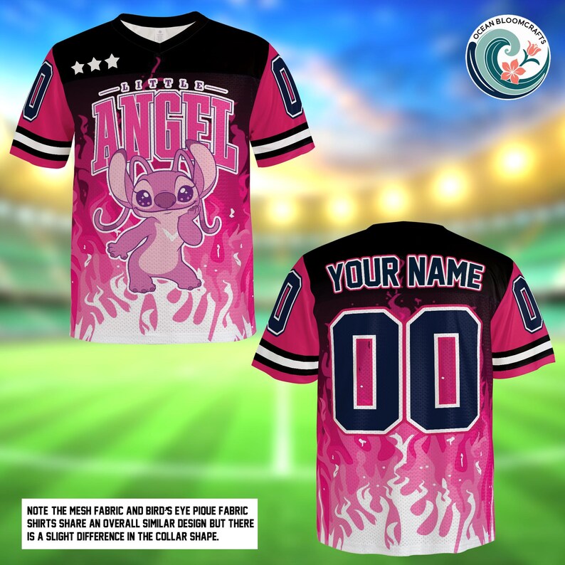The image is a collage of two images: one showing the front view of a pink and black football jersey with a character design, and the other showing the back view of the same jersey with the name "YOUR NAME" and the number "00" printed on it.