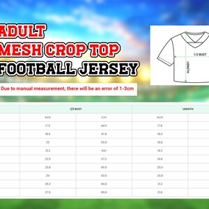 The image is a collage of multiple images, including a football jersey and a table with measurements. The table provides size information for different jersey sizes, and there is a drawing of a football jersey next to the table.