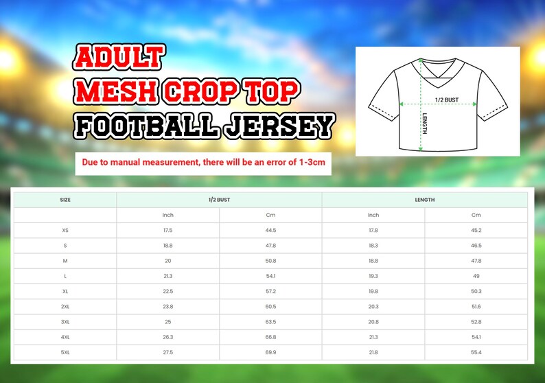 The image is a collage of multiple images, including a football jersey and a table with measurements. The table provides size information for different jersey sizes, and there is a drawing of a football jersey next to the table.