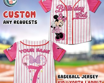Minnie Mouse Birthday Girl Baseball Jersey Custom Name Number Kids Youth Adult Minnie Birthday Shirt Pink Disney Birthday Outfit