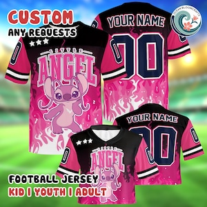 The image is a collage of three images featuring a pink and black football jersey with a cartoon character on it. The jersey has a pink and black color scheme and the character appears to be a cartoon character. The jersey is labeled with the text "Little Angel" and "YOUR NAME" along with the numbers "00" and "10". The image also includes text that says "CUSTOM ANY REQUESTS" and "FOOTBALL JERSEY KID I YOUTH I ADULT".