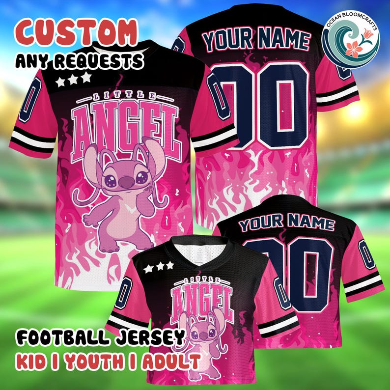 The image is a collage of three images featuring a pink and black football jersey with a cartoon character on it. The jersey has a pink and black color scheme and the character appears to be a cartoon character. The jersey is labeled with the text "Little Angel" and "YOUR NAME" along with the numbers "00" and "10". The image also includes text that says "CUSTOM ANY REQUESTS" and "FOOTBALL JERSEY KID I YOUTH I ADULT".