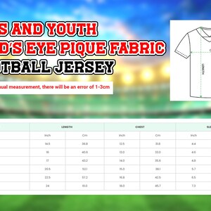 The image is a collage of two images. The first image is a graphic of a football jersey, and the second image is a graphic of a child's shirt. The text in the image is too small to read clearly, and there is an error of 1-3 cm in the measurements.