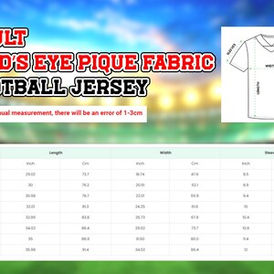 The image is an advertisement for adult bird's eye pique fabric football jerseys. It features a table with measurements for different sizes, including unit, inch, cm, and width, along with corresponding sleeve and collar measurements. The table is intended to provide accurate measurements for the adult bird's eye pique fabric football jerseys.