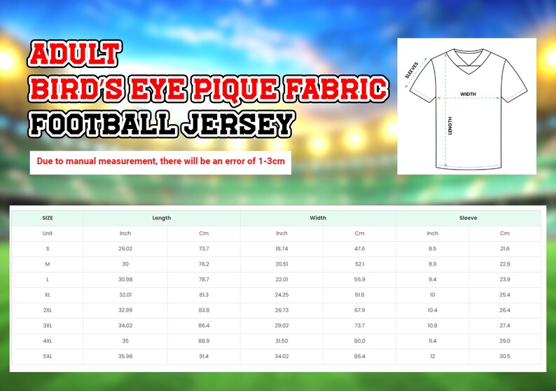 The image is an advertisement for adult bird's eye pique fabric football jerseys. It features a table with measurements for different sizes, including unit, inch, cm, and width, along with corresponding sleeve and collar measurements. The table is intended to provide accurate measurements for the adult bird's eye pique fabric football jerseys.