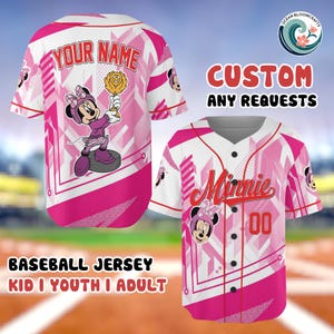May include: Pink and white baseball jersey featuring a Minnie Mouse design. The jersey has the text "YOUR NAME" on the back and "Minnie" on the front. The jersey also has the text "BASEBALL JERSEY KID I YOUTH I ADULT".