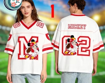Mickey Mouse Mesh Football Jersey Shirt, Disney Oversized Sport Tee, Red White Couple Matching Outfit, Unisex Cartoon Top