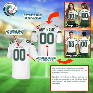 The image is a collage of three images depicting different customizations of a white sports jersey. The first image shows a jersey with the number 00, the second image shows a jersey with the number 00, and the third image shows a jersey with the number 00. The image also includes text that provides instructions for customizing a jersey, including options for a "Custom Name" and a "Regular Fit".