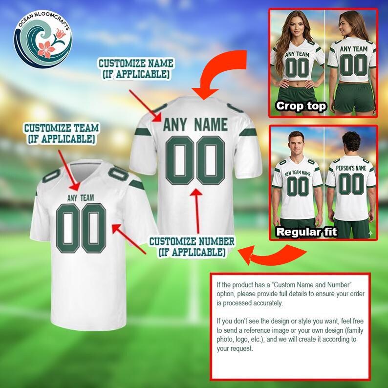 The image is a collage of three images depicting different customizations of a white sports jersey. The first image shows a jersey with the number 00, the second image shows a jersey with the number 00, and the third image shows a jersey with the number 00. The image also includes text that provides instructions for customizing a jersey, including options for a "Custom Name" and a "Regular Fit".