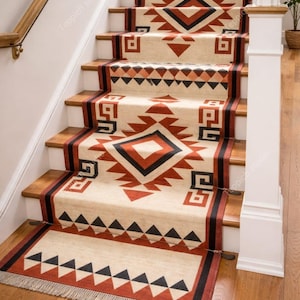 May include: Staircase with wooden steps and a patterned runner rug. The rug features a cream background with geometric designs in red, black, and cream. The runner is bordered with a red and black stripe.