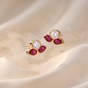 Handcrafted Ruby Red Marquise Trio Stud Earrings, Rose Cut Moissanite Crown, Gold Plated Sterling Silver, Indian Kundan Everyday Jewelry