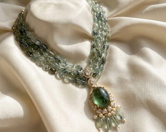 Grönt aventurin polki halsband, moissanit pachi kundan, sterlingsilver förgyllt, indiskt statement smyckeset