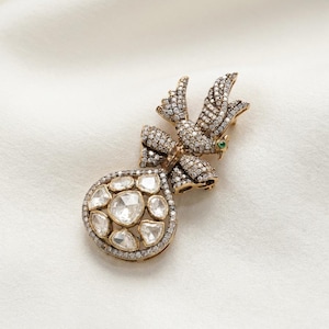 Antike, vergoldete Silberbrosche mit Vogelmotiv, Rosenschliff, Polki-Cluster, Statement-Anstecknadel