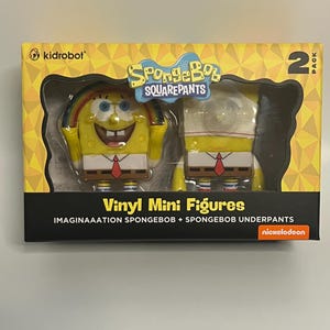 May include: A two-pack of SpongeBob SquarePants vinyl mini figures in a yellow and black box. The box features the Nickelodeon logo and the text "Vinyl Mini Figures." One figure is SpongeBob with a rainbow, the other is SpongeBob in his underwear.