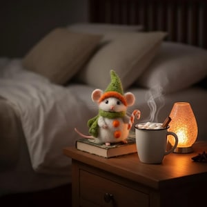 May include: A whimsical felt mouse wearing a green hat, scarf, and orange buttons, holding a candy cane. It sits on a book next to a mug of hot chocolate with marshmallows and a cinnamon stick. A lit lamp and a bed are in the background.