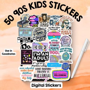 May include: A collection of 50 colorful 90s-themed digital stickers displayed on a tablet screen with a white stylus. The stickers feature various retro designs, including cassette tapes, floppy disks, and text-based slogans like "I'm an adult" and "Millennial anxiety club member," all arranged in a collage format.