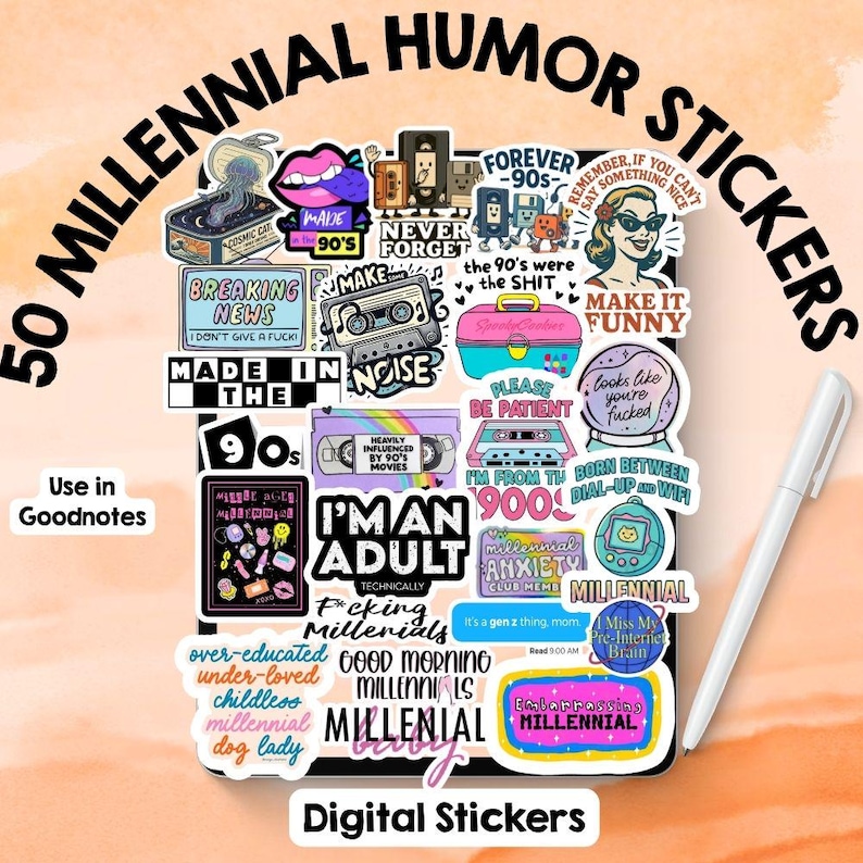 Millennial Humor Digital Stickers, 90s Nostalgia Pack, GoodNotes Planner Bundle (Digital Download) image 1