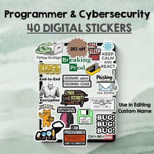 Puede incluir: Un conjunto de 40 pegatinas digitales con temática de programador y ciberseguridad. Las pegatinas presentan texto y gráficos relacionados con la codificación, el hacking y la informática, incluyendo "Python Developer", "Cyber Security" y "Bug!". Diseñado para editar y nombres personalizados.