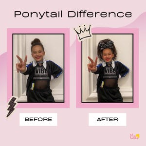 Puede incluir: Imagen que compara dos peinados, etiquetados como "Antes" y "Despu&eacute;s". La imagen de "Antes" muestra a una ni&ntilde;a con un mo&ntilde;o, mientras que la imagen de "Despu&eacute;s" muestra a la misma ni&ntilde;a con una cola de caballo alta y un lazo. Ambas im&aacute;genes muestran a la ni&ntilde;a con un uniforme de animadora negro y azul.