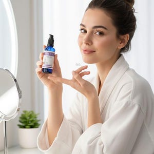 May include: A woman in a white robe holds a blue bottle with a black pump. The bottle has white and purple labels. A small mirror and a potted plant are visible on the vanity. The woman is smiling.