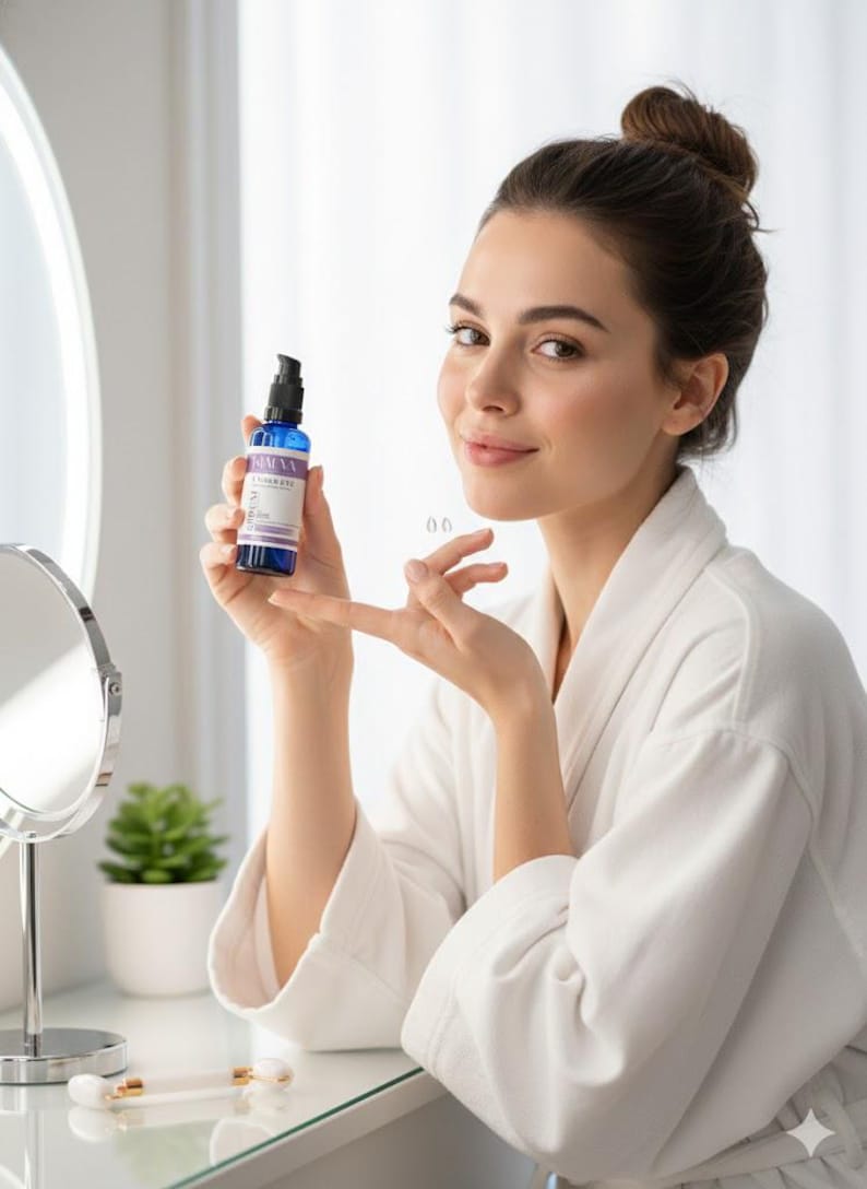 May include: A woman in a white robe holds a blue bottle with a black pump. The bottle has white and purple labels. A small mirror and a potted plant are visible on the vanity. The woman is smiling.
