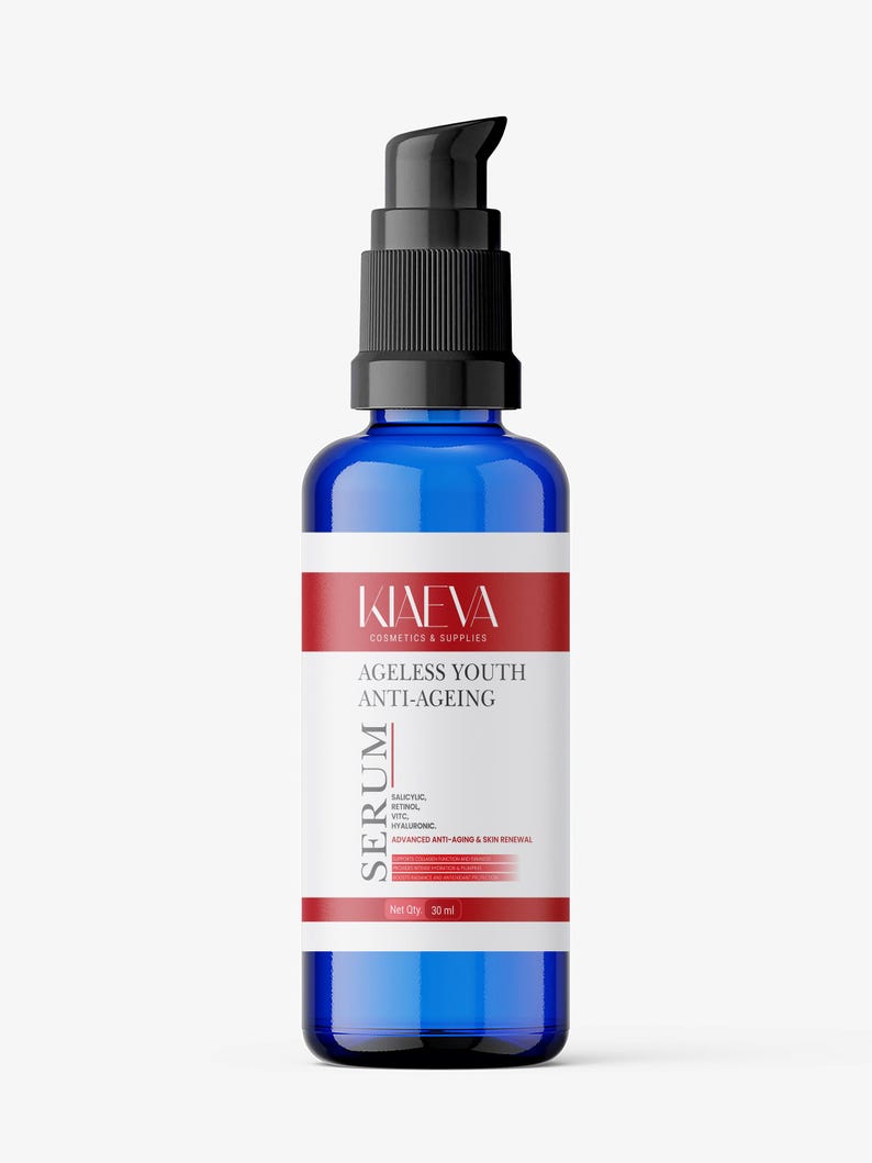 May include: A blue glass serum bottle with a black pump dispenser. The label reads "KIAEVA COSMETICS & SUPPLIES" and "AGELESS YOUTH ANTI-AGEING SERUM". The label also lists ingredients and the net quantity of 30 ml.
