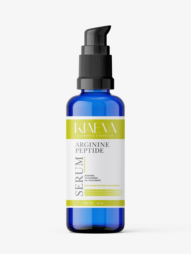 May include: A blue glass serum bottle with a black pump dispenser. The label reads "KIAEVA COSMETICS & SUPPLIES ARGININE PEPTIDE SERUM". The bottle contains 30 ml of serum for skin tightening.