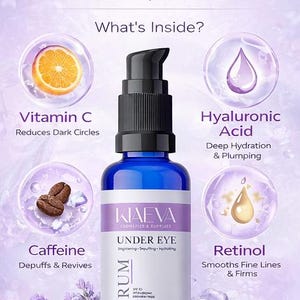 May include: A blue serum bottle with a black pump, labeled "KIAEVA UNDER EYE SERUM." The image includes text about Vitamin C, Hyaluronic Acid, Caffeine, and Retinol. The product is designed for renewed, bright eyes.