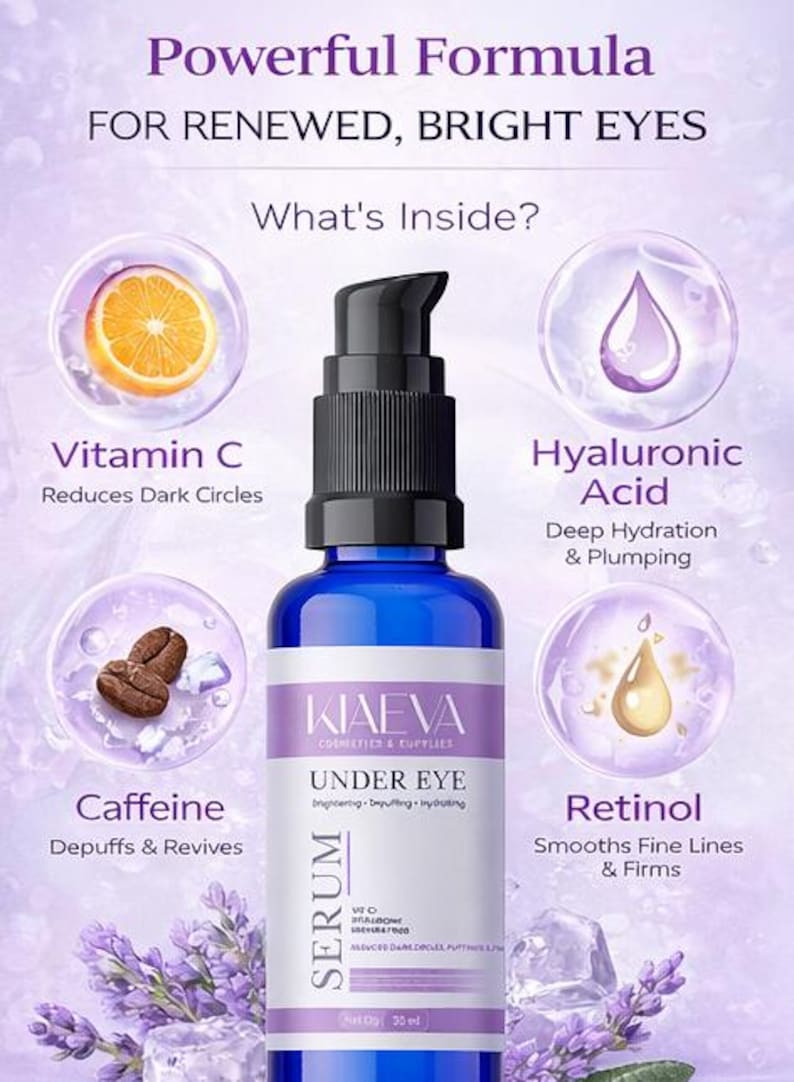 May include: A blue serum bottle with a black pump, labeled "KIAEVA UNDER EYE SERUM." The image includes text about Vitamin C, Hyaluronic Acid, Caffeine, and Retinol. The product is designed for renewed, bright eyes.