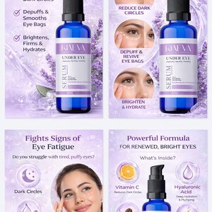 May include: A promotional image for KAEVA Under Eye Serum. The image features a blue bottle of serum with a black pump, alongside text highlighting benefits like reducing dark circles and hydrating the skin. The image also includes graphics and text about the serum's ingredients.