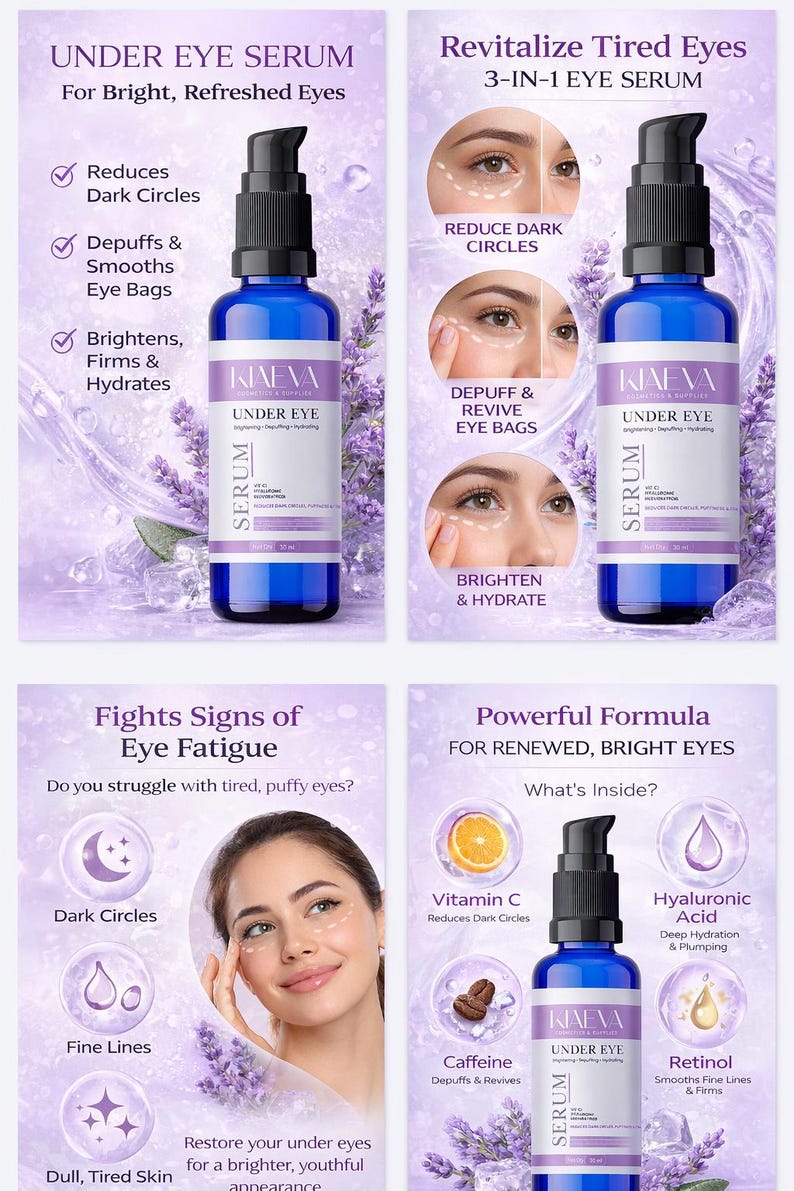 May include: A promotional image for KAEVA Under Eye Serum. The image features a blue bottle of serum with a black pump, alongside text highlighting benefits like reducing dark circles and hydrating the skin. The image also includes graphics and text about the serum's ingredients.