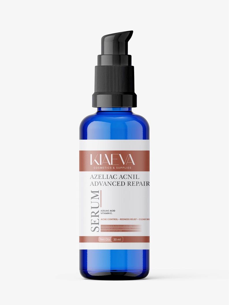 May include: A blue glass serum bottle with a black pump dispenser. The label reads "KIAEVA COSMETICS & SUPPLIES" and "AZELIAC ACNIL ADVANCED REPAIR SERUM". The bottle contains 30 ml of product, with claims of acne control and redness relief.