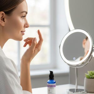 May include: A woman applying skincare serum. A blue bottle of serum with a white and purple label sits on a white table next to a lighted makeup mirror and a white and gold face roller.