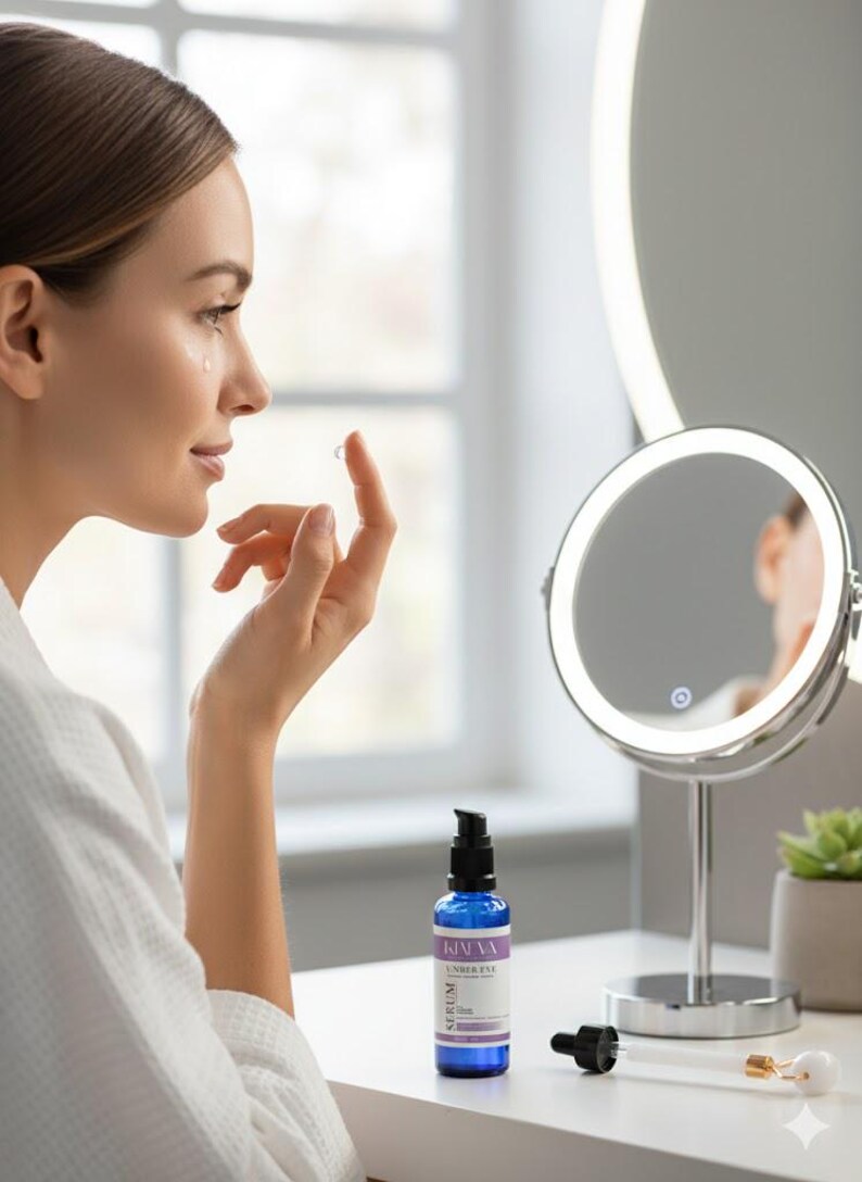 May include: A woman applying skincare serum. A blue bottle of serum with a white and purple label sits on a white table next to a lighted makeup mirror and a white and gold face roller.